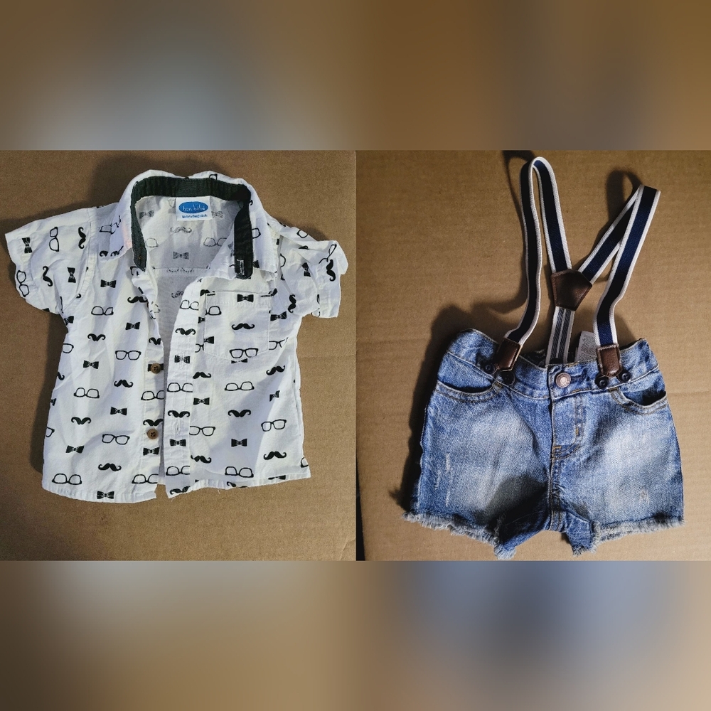 Bon Bebe Baby Boys Gentlemen Button Up Shirt White W. Mustaches & Glasses 3-6 M